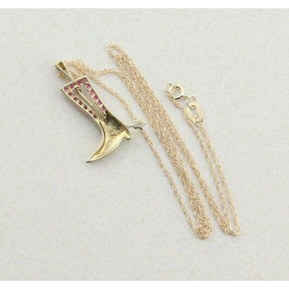 10k Yellow Gold Lab Created Ruby and Diamond Cowboy Boot Necklace 18 inch chain - Picture 8 of 8